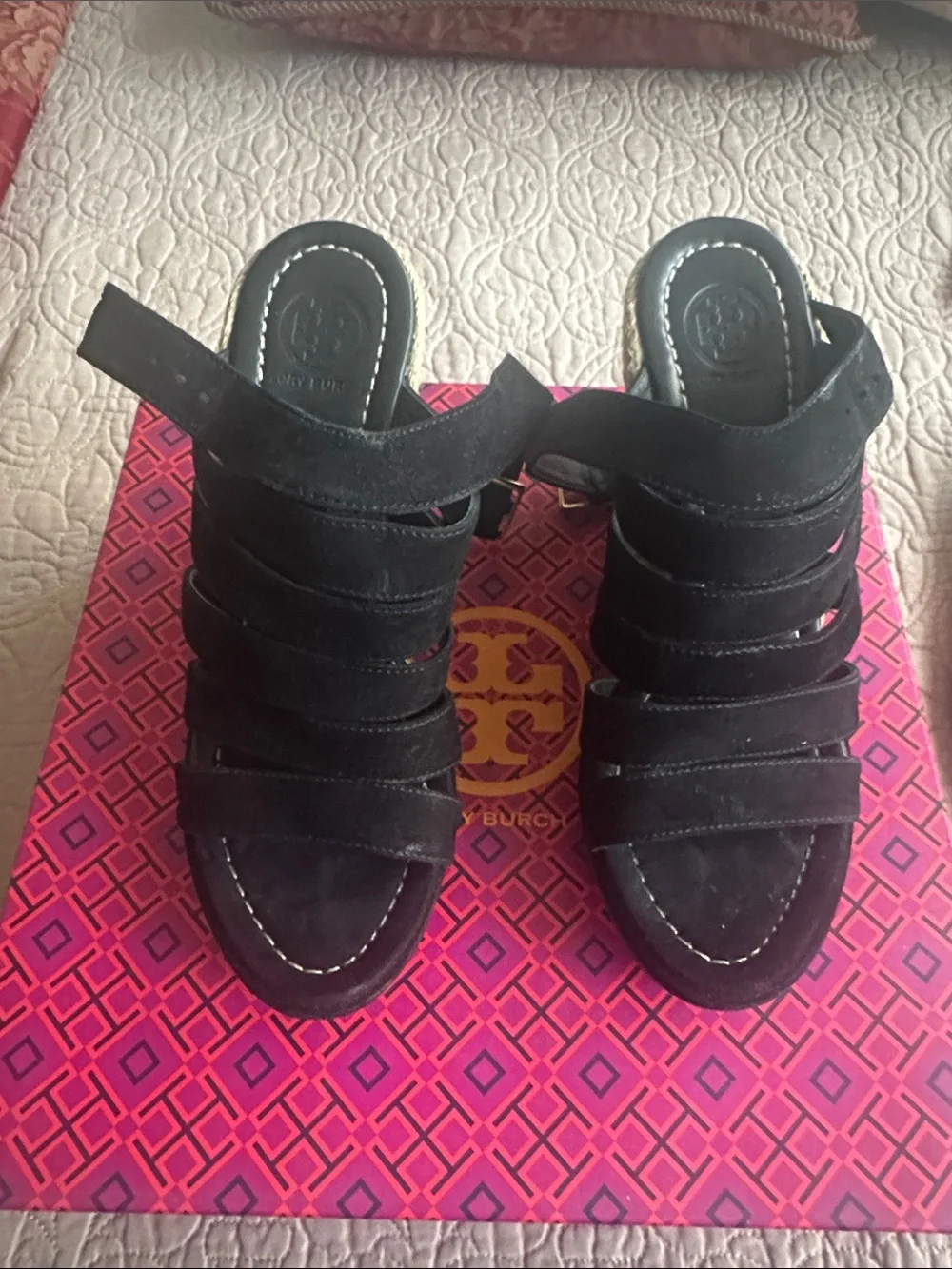 Tory Burch Black Suede Multi-Strap Wedge Mules